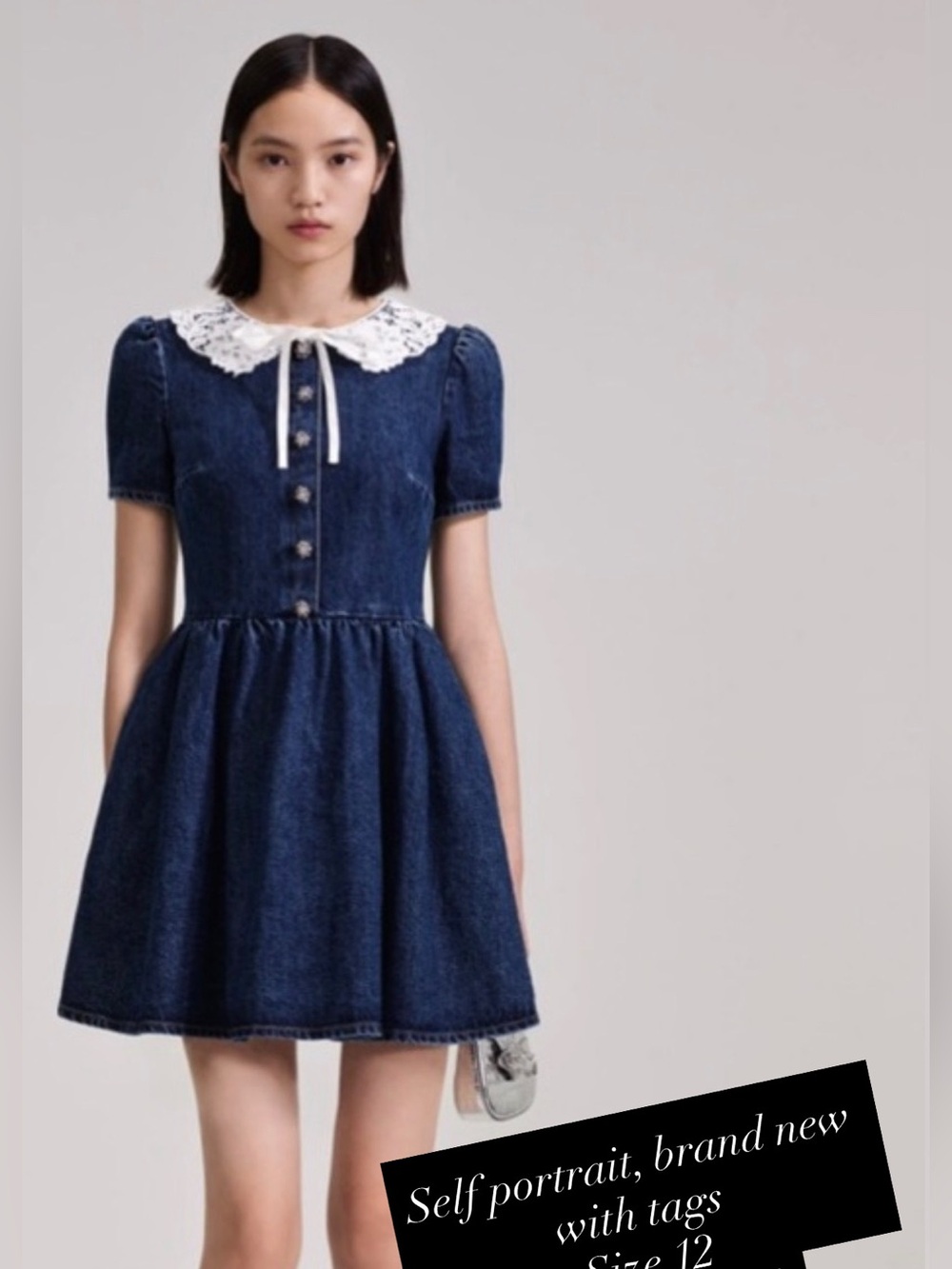 Self-Portrait Girls' Navy Dress with White Lace Collar